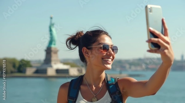 Fototapeta Exploring NYC: A Tourist Captures Selfies with the Statue of Liberty, Celebrating the Spirit of America and the Excitement of New York.


