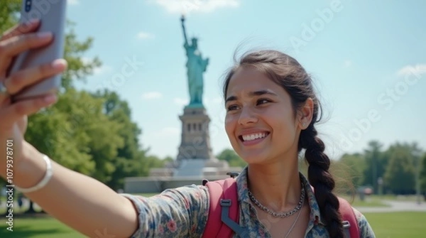 Fototapeta Exploring NYC: A Tourist Captures Selfies with the Statue of Liberty, Celebrating the Spirit of America and the Excitement of New York.


