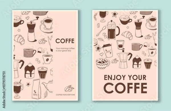 Fototapeta Coffee posters set. Hot drink, aroma and beverage. Cafe or restaurant menu. Coffee shop invitation booklet or leaflet. Espresso and cappuccino. Flat vector collection isolated on blue background