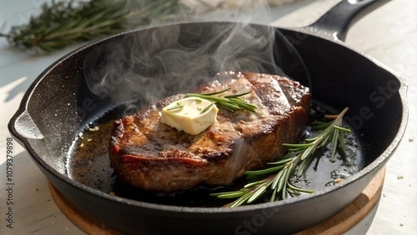 Fototapeta Hot steak in cast iron skillet with melting butter