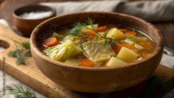 Fototapeta Traditional Russian shchi soup with cabbage and potatoes