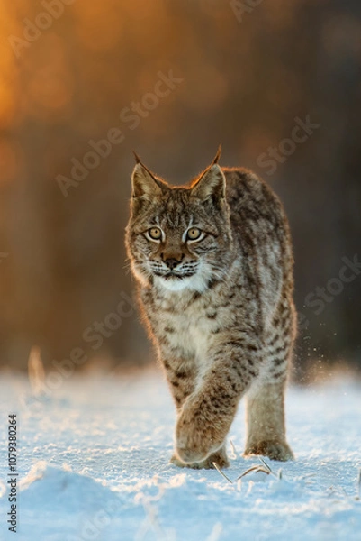 Obraz Lynx at frosty sunrise. Young Eurasian lynx, Lynx lynx, walks in snow in cold morning. Beautiful wild cat in winter nature. Beast of prey in natural habitat. Animal with spotted orange fur.