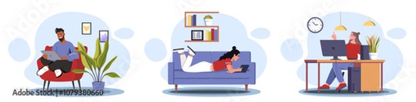 Fototapeta People working from home set. Man with laptop, woman with tablet and girl with computer indoors. Remote worker and freelancer with online earnings. Flat vector collection isolated on white background