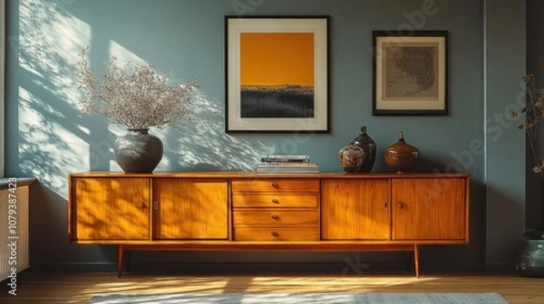 Fototapeta Mid-century modern sideboard with framed artwork and vases in a living room.