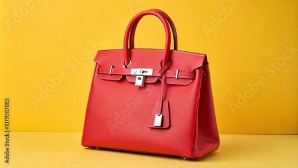 Fototapeta Elegant Red Leather Handbag Hardware, Set Against a Bold Yellow Background in High-End Editorial Photography V2