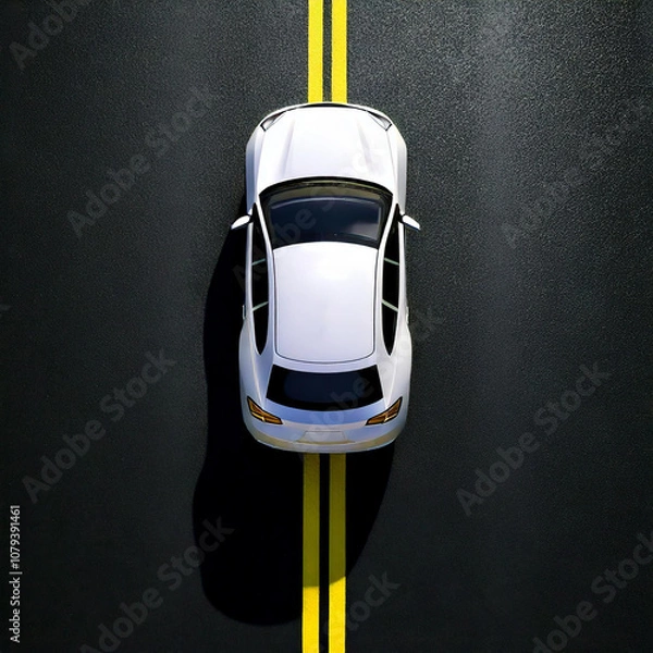 Obraz Ein weißes Auto von oben auf einer geraden Asphaltstraße mit einer gelben durchgezogenen Linie.