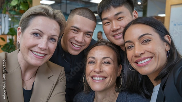 Fototapeta A diverse group of five individuals, including two women and three men, smiling and posing together in a bright, modern office environment.