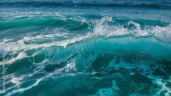 Fototapeta Pure blue turquoise water texture of the ocean sea with foam from and waves
