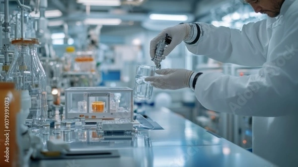 Fototapeta A scientist in gloves carefully pours liquid into a beaker, focusing in a modern lab environment filled with advanced chemical apparatus and glassware.