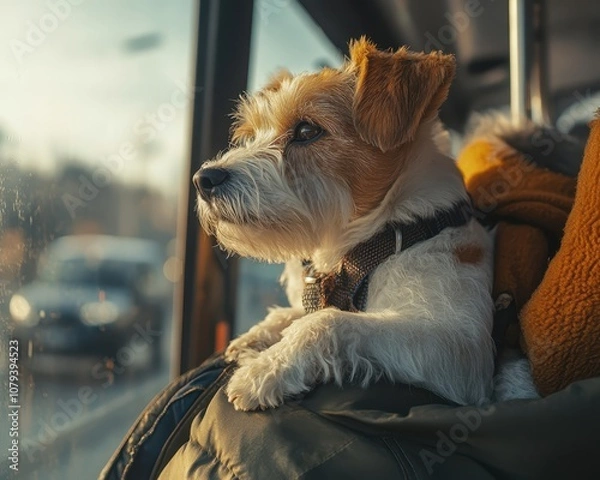 Fototapeta Dog traveling on a bus, comfortable on top of its owner. Generative AI image