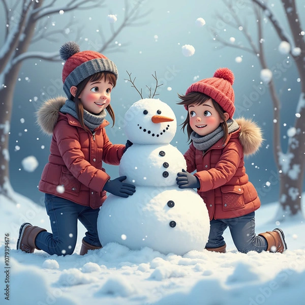 Fototapeta Children Building Snowman in a Winter Wonderland, 3d  cartoon style, generative ai