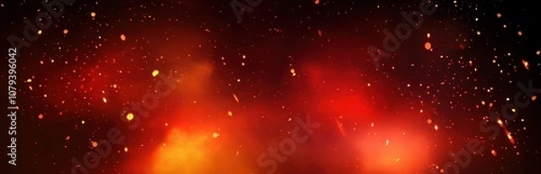 Fototapeta Fire sparks floating upward on dark background. Glowing orange embers with bright red streaks. Hot backdrop with burning particles and smoke elements with light effect. Realistic vector flame bg