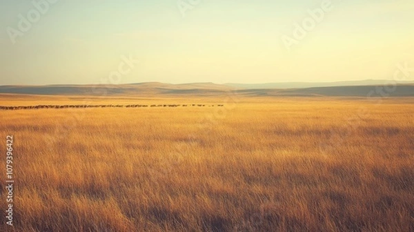 Fototapeta Vast golden fields stretch under a soft morning light, offering an endless view of natural beauty and tranquility.