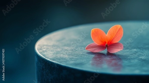 Obraz A single vivid flower rests elegantly on a smooth, round metallic surface, perfectly embodying simplicity and modern beauty.