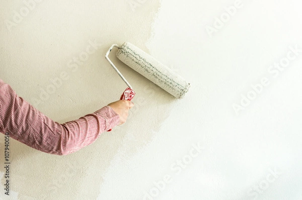 Fototapeta Painters colouring the wall with paint roller