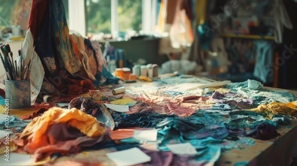 Fototapeta Bright studio filled with fabric, paints, and artistic chaos where creativity thrives, suggesting an artist's sanctuary rich with inspiration and possibility.