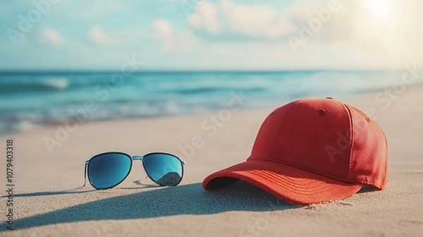 Fototapeta Realistic Cap Mockup with a Beach Background and Sunset Lighting, Perfect for Fashion Branding, Apparel Design, E-Commerce Product Showcases, and Promotional Merchandise in a Summer Setting