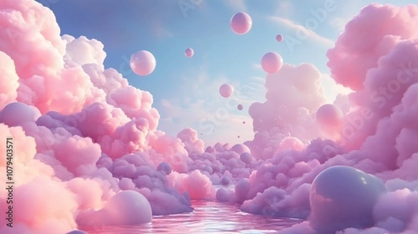 Fototapeta Surreal sky featuring soft pastel pink fluffy clouds Abstract and ethereal backdrop