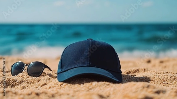Fototapeta Realistic Cap Mockup with a Beach Background and Sunset Lighting, Perfect for Fashion Branding, Apparel Design, E-Commerce Product Showcases, and Promotional Merchandise in a Summer Setting