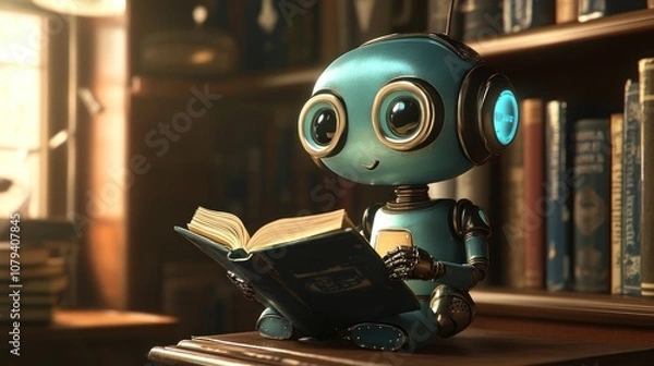 Fototapeta Robot reading a book in a cozy library setting.