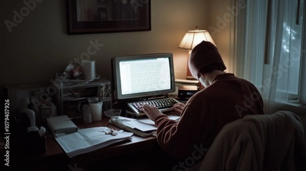Fototapeta A man in a cozy room intently types on his computer, the ambient glow of a lamp casting warmth and focus over the serene night setting.