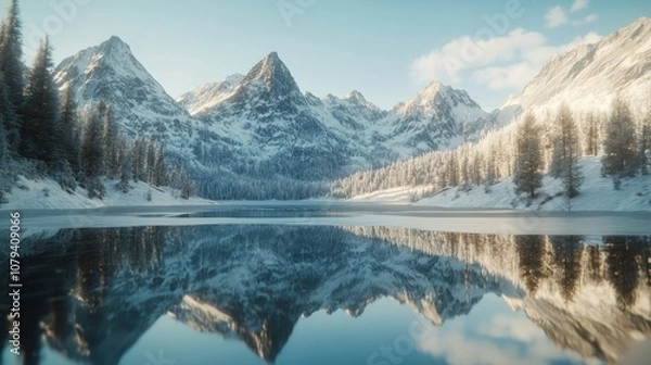 Fototapeta Snow-capped peaks mirrored in a tranquil alpine lake under a clear, bright sky, capturing the serene beauty of untouched nature.