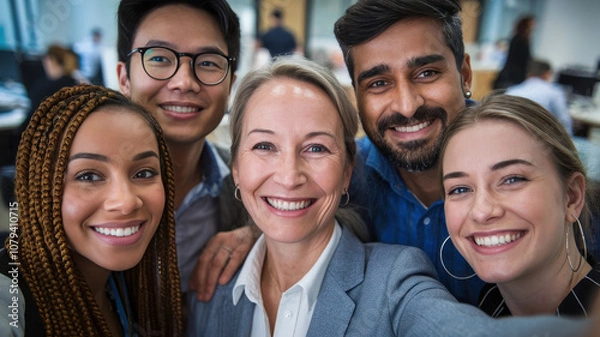 Fototapeta A diverse group of professionals, including a Black woman, Asian man, and Caucasian woman, smiling brightly in an office setting.