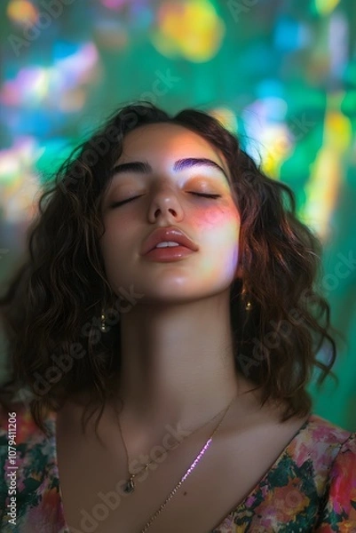 Fototapeta A woman with eyes closed and a colorful background