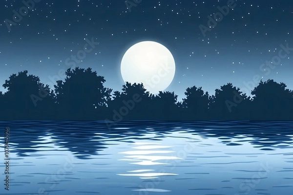 Obraz A simple view of a full moon rising over a calm lake, with trees in silhouette and copyspace. Night sky with soft stars.