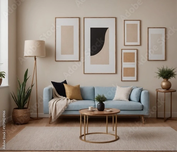 Fototapeta A Scandinavian-inspired living room with a light blue sofa set and photo frame templates is displayed as a 3D illustration image on the wall.