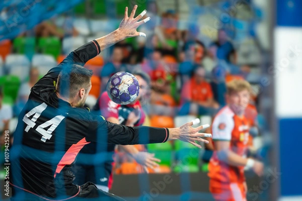 Obraz Handball goalkeeper and ball flying to the goal during handball game.