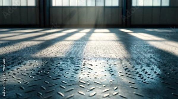 Fototapeta Steel diamond plate floor under natural light, minimalist composition, sharp geometric patterns, industrial atmosphere, subtle shine on metal surface