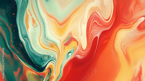 Fototapeta Abstract painting with bright red, orange, green, and yellow colors. Celadon. Illustration