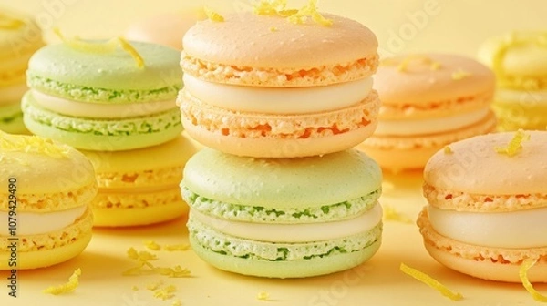 Fototapeta A colorful arrangement of pastel macarons sits on a sunny yellow background, with fresh lemon zest sprinkled around for added texture and flavor, inviting a sweet treat experience.