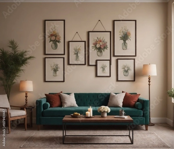 Fototapeta A Scandinavian-inspired living room with a sofa set and blank vertical frames is displayed on the wall as a 3D illustration image.