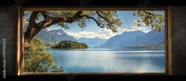 Fototapeta Scenic view of tranquil lake and majestic mountains framed by window perfect for nature inspired decor