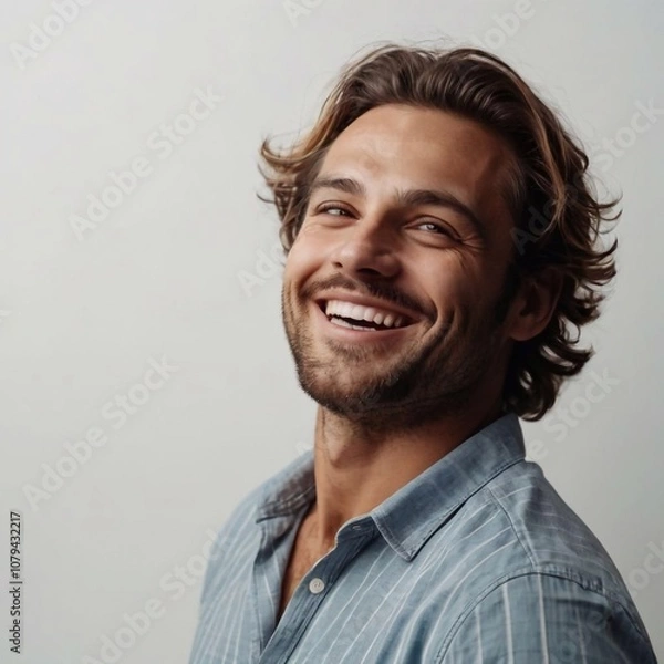 Fototapeta A laughing and smiling positive adult man with a beard