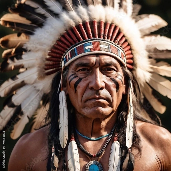 Fototapeta An elderly Indian man is a tribal chief with traditional coloring and feathers on his head. A representative of the native American population.