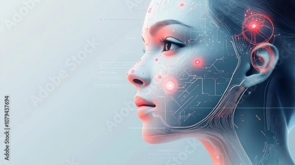 Fototapeta futuristic robot face, cyber human technical passport, instruction manual and ID card document of the robot with artificial intelligence, scientific background