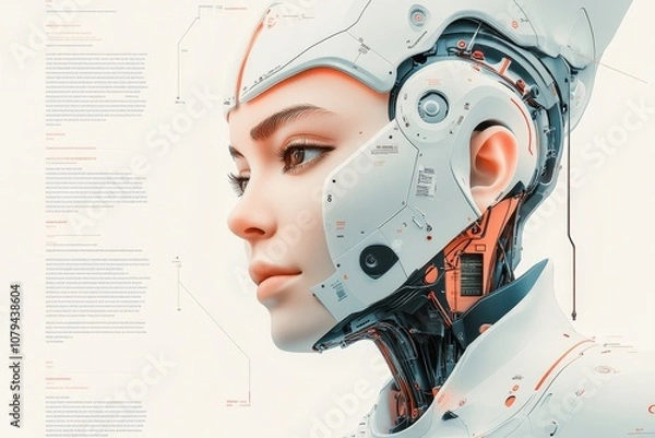 Fototapeta futuristic robot face, cyber human technical passport, instruction manual and ID card document of the robot with artificial intelligence, scientific background