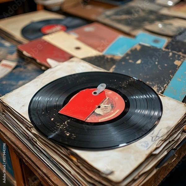 Fototapeta Close up on vintage vinyl record at discounted price with red tag offered for final sale lying on table at second hand shop