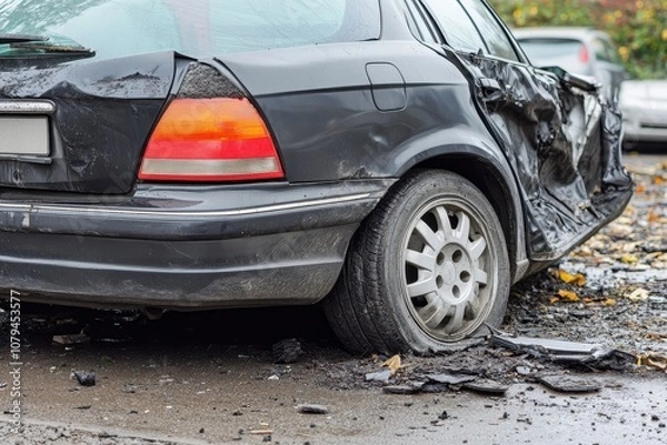 Fototapeta Damaged car in a parking lot. This image could be used to illustrate the consequences of reckless driving or to raise awareness about road safety.