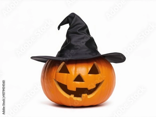 Fototapeta Spooky Season Jack-o'-lantern: A grinning jack-o'-lantern playfully dons a witch's hat, ready to greet Halloween's spooky celebrations.  Perfect for autumnal decorations, greeting cards.