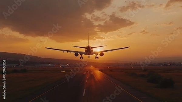 Fototapeta Airplane Landing at Sunset on a Runway