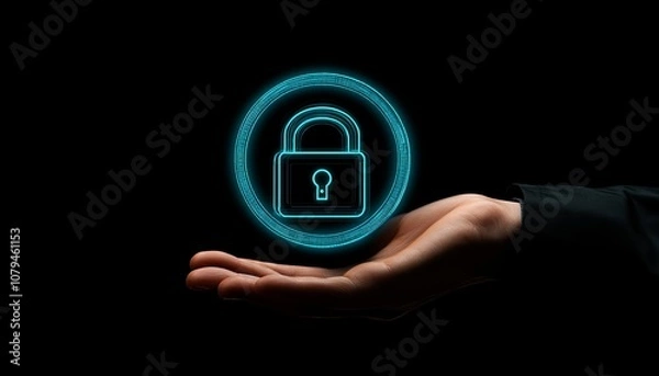 Fototapeta Cybersecurity and Data Protection. Hand Holding Glowing Digital Lock Icon on Black Background.