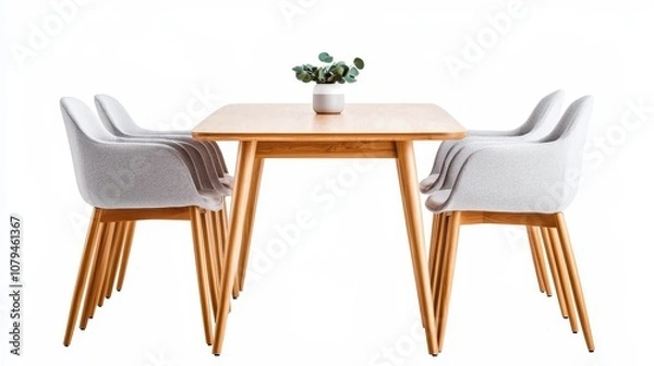 Fototapeta Beautiful dining set, rectangular wood table with light grey fabric chairs, modern and simplistic style, sharp isolated on white background