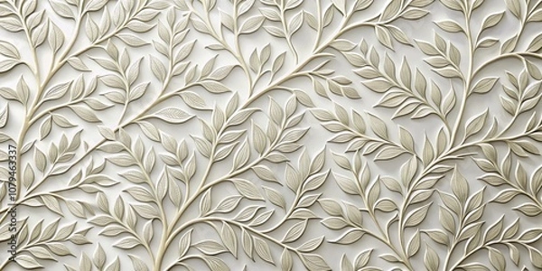 Obraz White Embossed Leaf Pattern, 3D, Floral Design, Background, Texture , wall art, nature