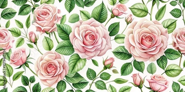 Fototapeta Watercolor Seamless Pattern of Pink Roses and Green Leaves, floral, seamless pattern , flower
