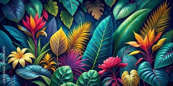 Fototapeta Tropical Leaf and Flower Pattern, Digital Painting, Illustration, Jungle, Floral , Botanical