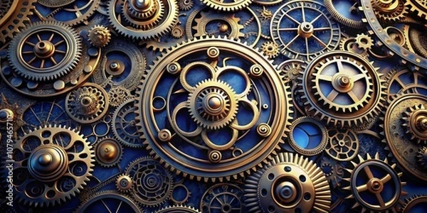 Fototapeta Golden Gears Interlocking on a Deep Blue Background, Steampunk, Clockwork , Steampunk, Clockwork